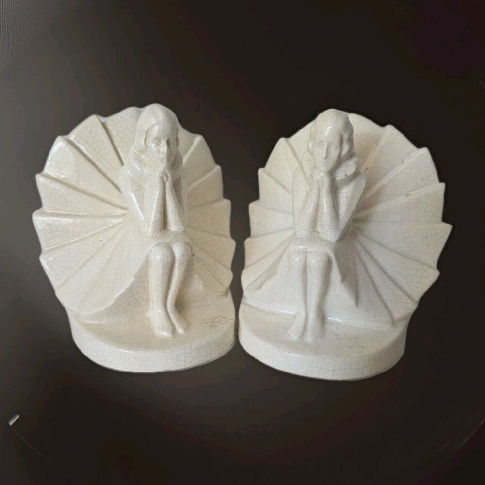 ART DECO RARE FIGURAL SEATED WOMAN GERMAN CRAQUELURE PORCELAIN BOOKENDS A PAIR